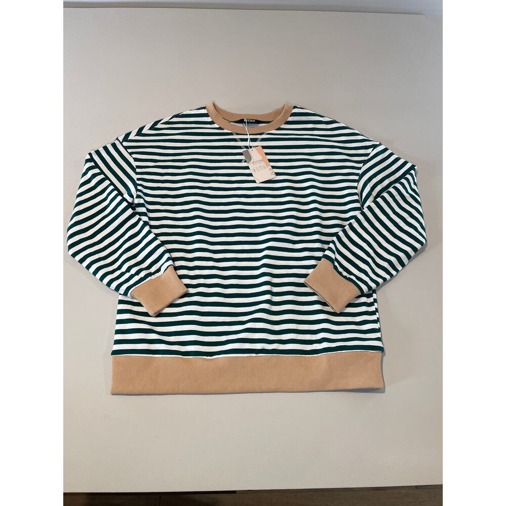 BTFBM Size M NWT Green & Tan Striped Oversized Sweatshirt Lantern Sleeve Top